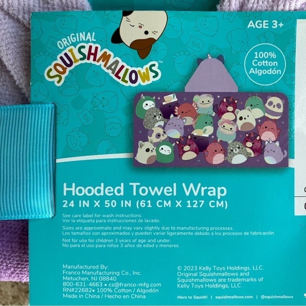 NWT Squishmallow Unicorn Hooded Kids Towel Wrap- Purple 100% Cotton - Picture 3 of 4